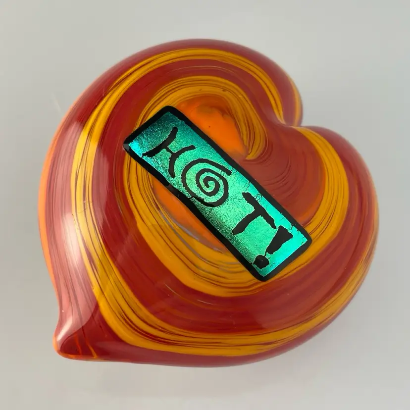 Mad Art Studios 2000 "HOT!" Dichroic Red Orange Yellow Swirl Glass Paperweight y2k Vintage 3.25"