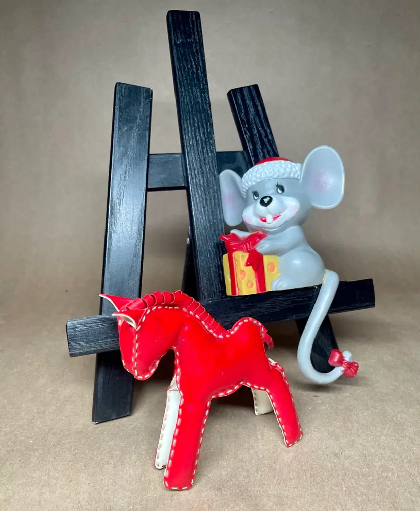 Vintage Christmas Mouse Shelf Sitter and Red White PVC Vinyl Horse Figurine