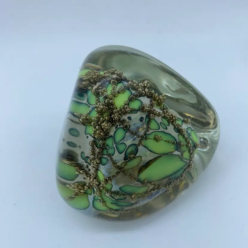 #0047 Signed studio art glass paperweight by Denise Belanger Taylor 1986 Green With Trails Of Gold Bubbles