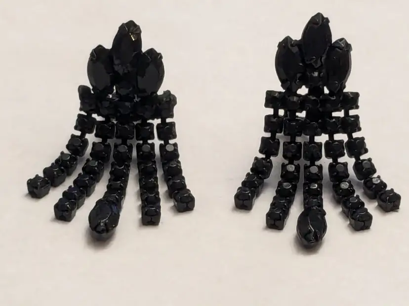 Vintage Black Rhinestone Chandelier Clip On Earrings