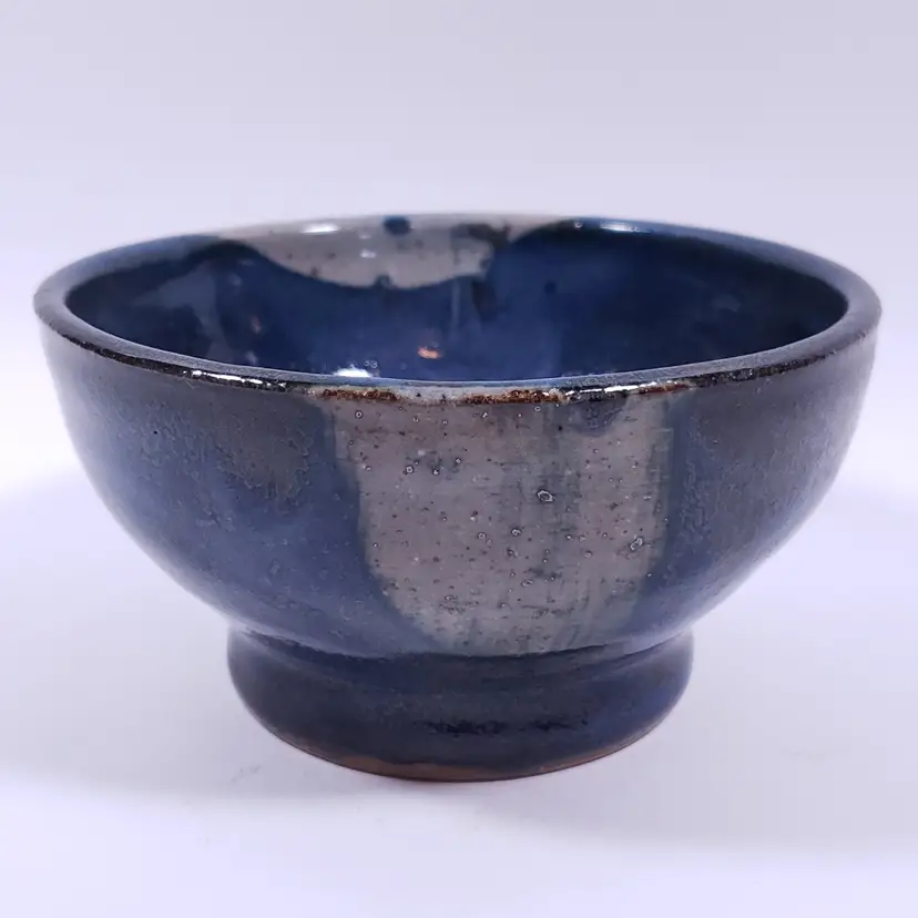 MCM SIGNED Hand Crafted Artisan Blue Black Gray Drip Glaze Decor STONEWARE BOWL