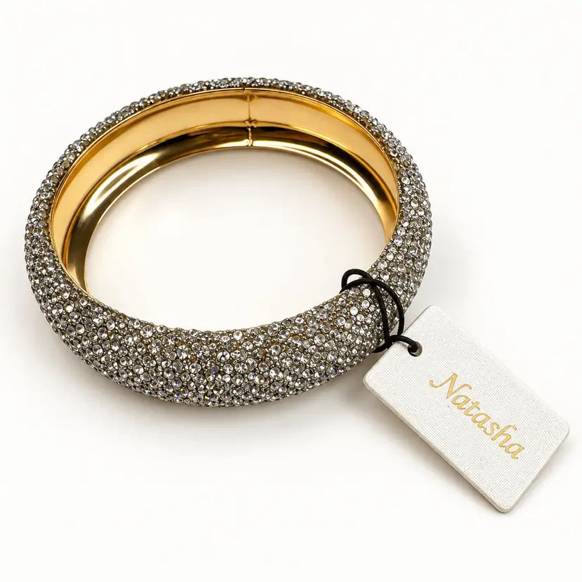 Natasha Clear Rhinestone Pavé Statement Bangle Bracelet Gold Tone With Tag