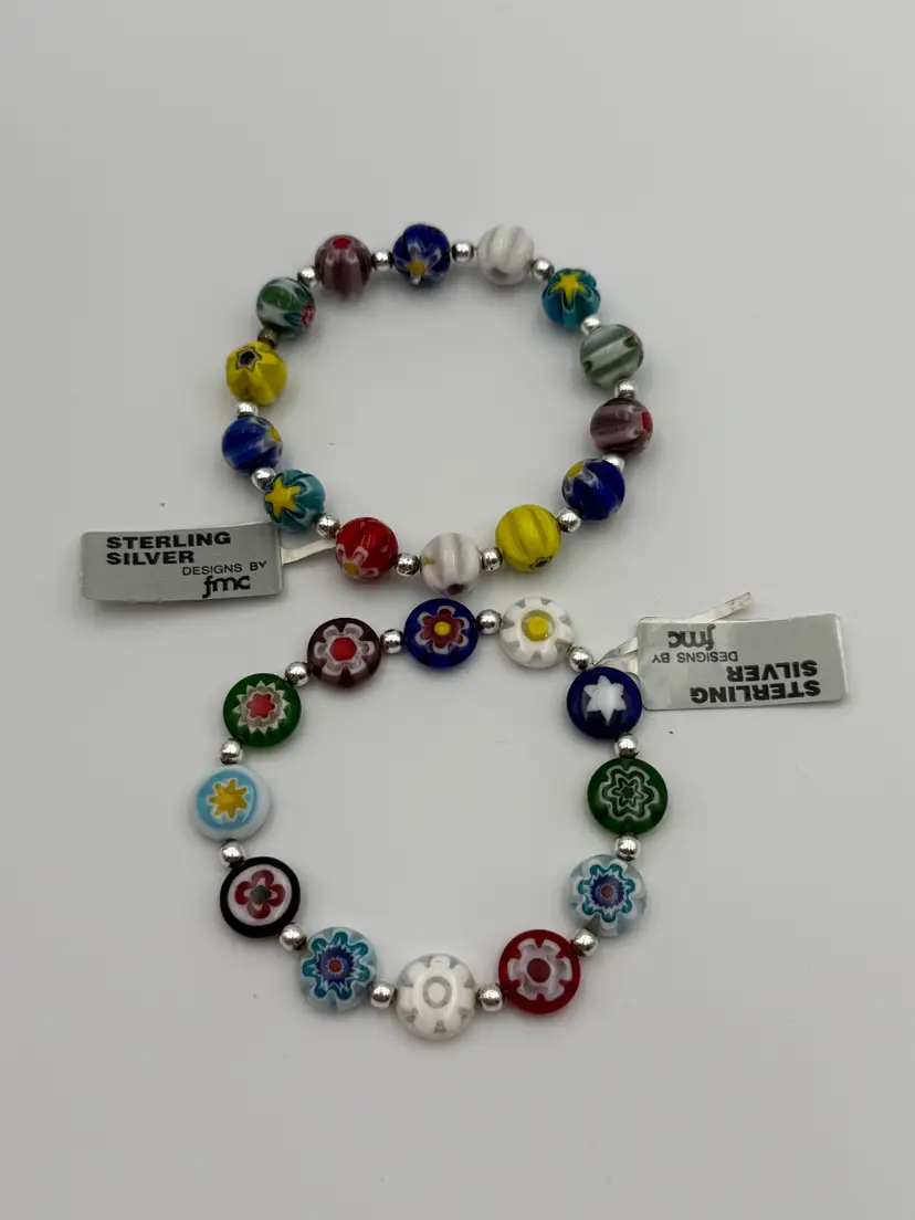 Set of 2 Millefiori Art Glass Bead Stretch Bracelets Sterling Silver NWT