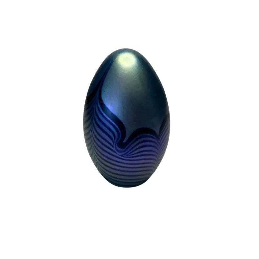 Robert Eickholt Egg Shaped Pulled Feather Purple And Blue Iridescent 1988 Paperweight 3 1/2” Tall