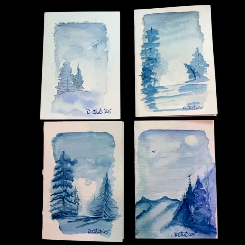Set Of 4 Original Watercolor 3 1/2 “ 
5” Greeting Cards - Winter Trees - Blank Inside With Envelopes