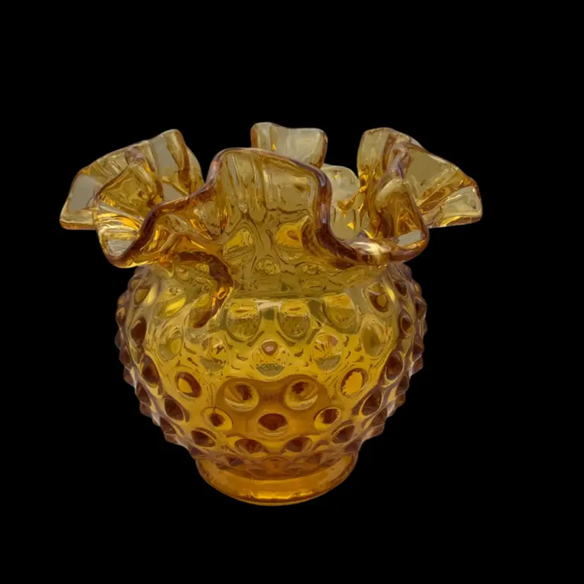 Fenton Amber Hobnail Glass Ruffle Top Bowl Vase - 4” H X 5” Diameter