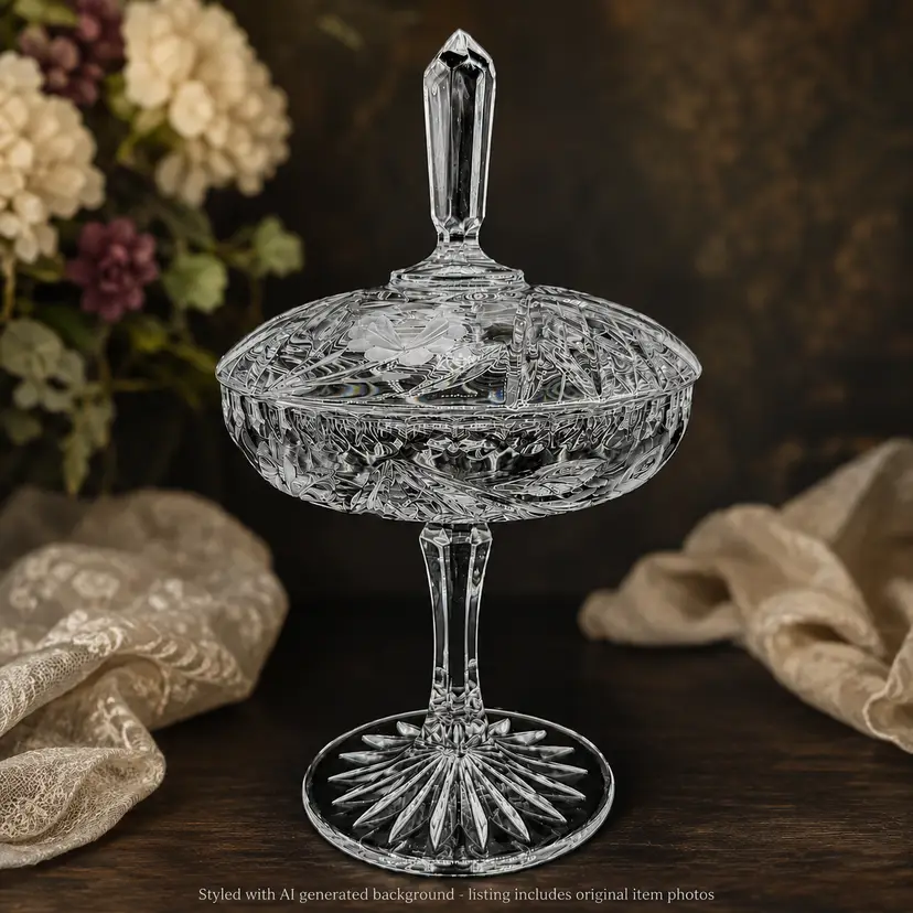 Vintage Glass Covered Compote Steeple Finial Pedestal Rose Pattern Candy Dish