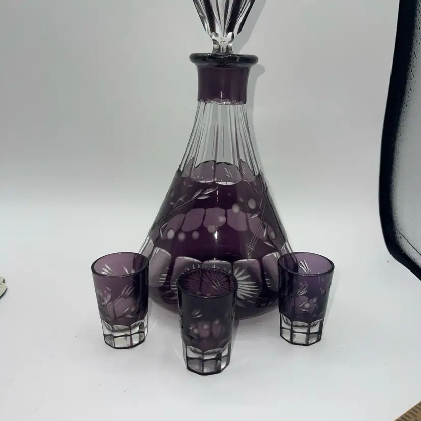 Vintage Bohemian Amethyst Cut to Clear Decanter Set – Czech Crystal – 3 Glasses