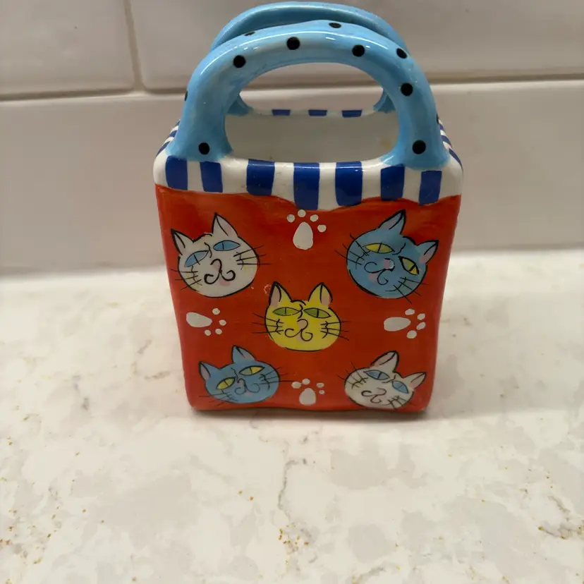 Whimsical Ceramic Cat Purse Planter Pencil Holder Vase - Red Folk Art 5 Cats