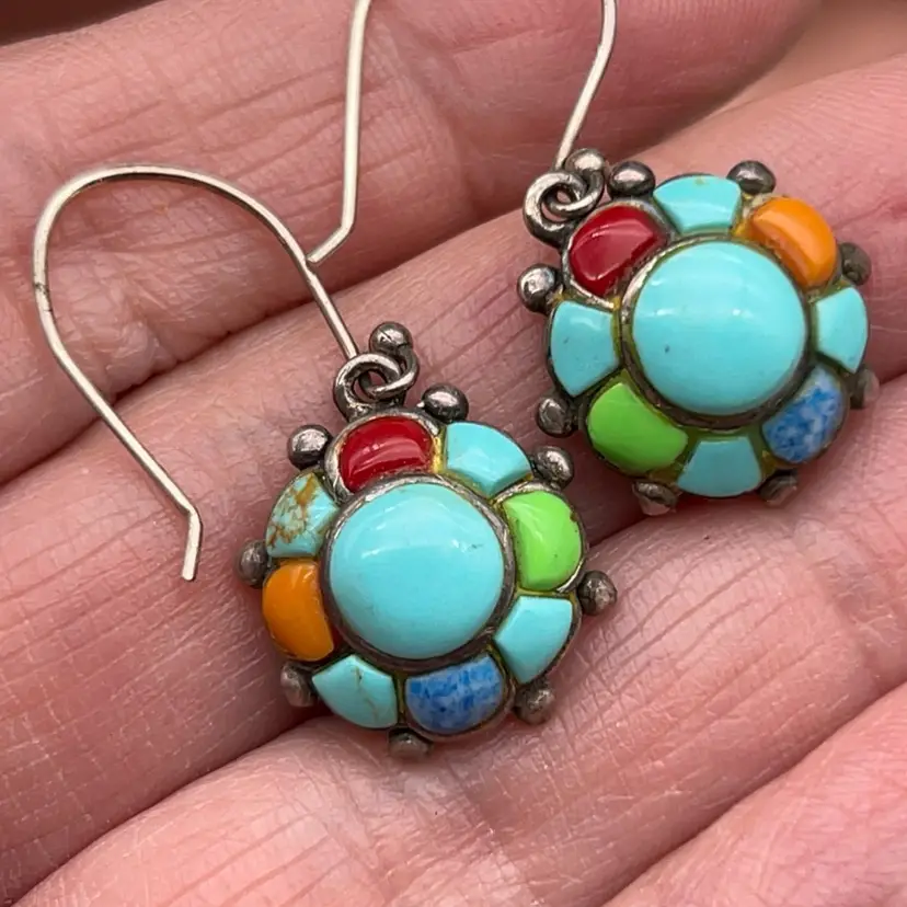#01 Vintage Thailand Sterling Silver Turquoise Lapis Sea Coral Inlay Dangle Earrings | Mosaic Floral | 1980s–1990s