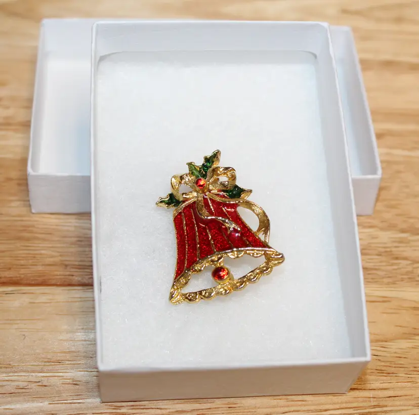Vintage Goldtone Red and Green Enamel Christmas Bell Brooch