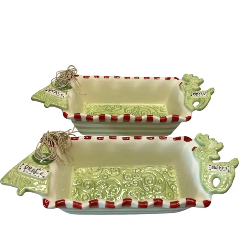 Set Of 2 Mud Pie 9” Rectangular Ceramic Christmas Dishes Reindeer And Tree As Handles 2011