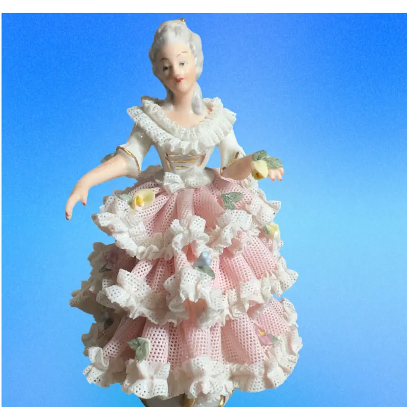 This is a vintage mid-20th-century German Dresden lace porcelain lady figurine. Dresden Mark No Flaws Super Lacy!