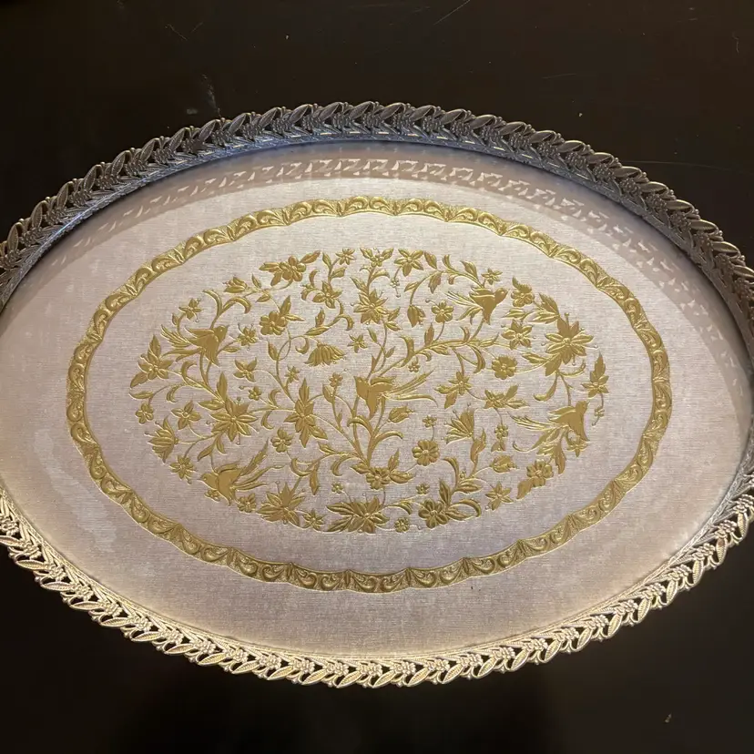 Elegant Vtg Oval Vanity Tray - Gold Birds & Floral Guilloche with Filigree Gallery