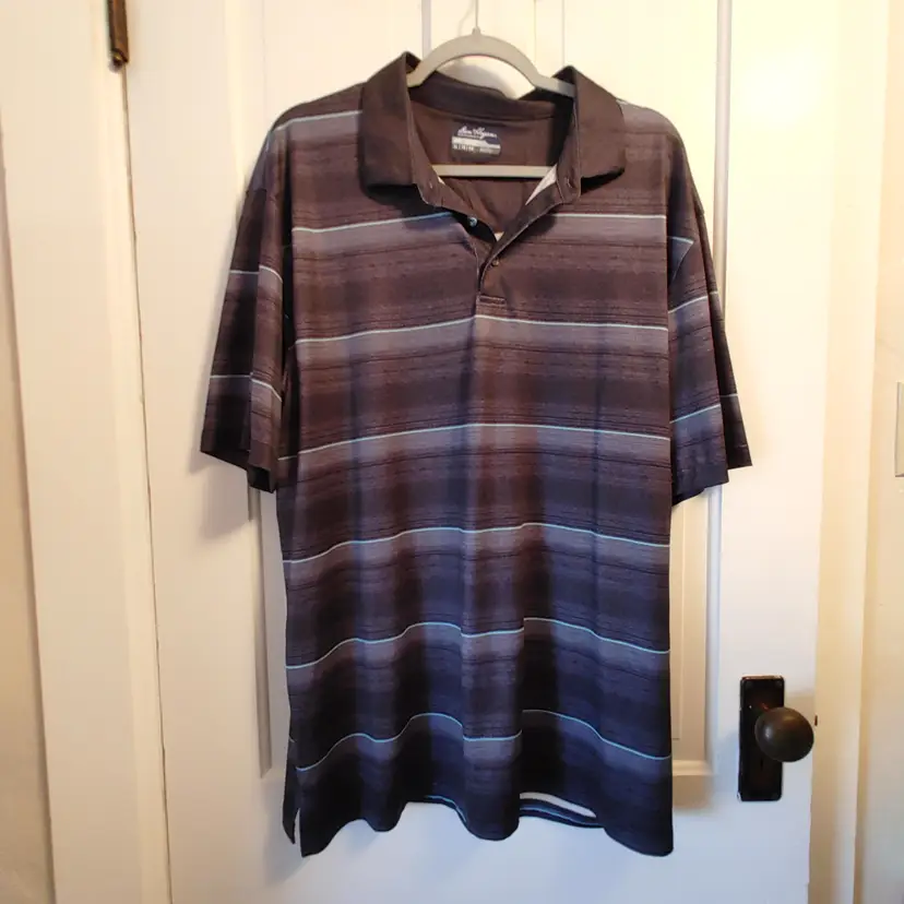 Men's Top- Brand: Ben Hogan Performance. Size XL. Grey with teal stripe top. Material: 67% polyester, 30% recycled poly, 3% elastane. No condition issues.