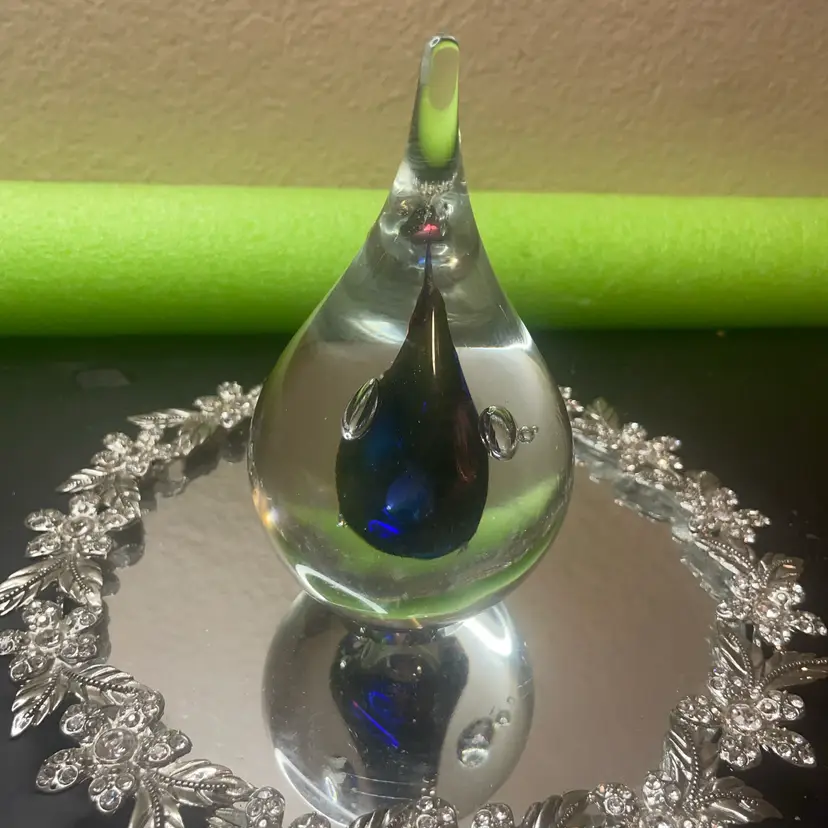 Signed Marian Pyrcak (MP) 6” teardrop-shaped Multicolor Swirls & Bullicante paperweight Made In Poland