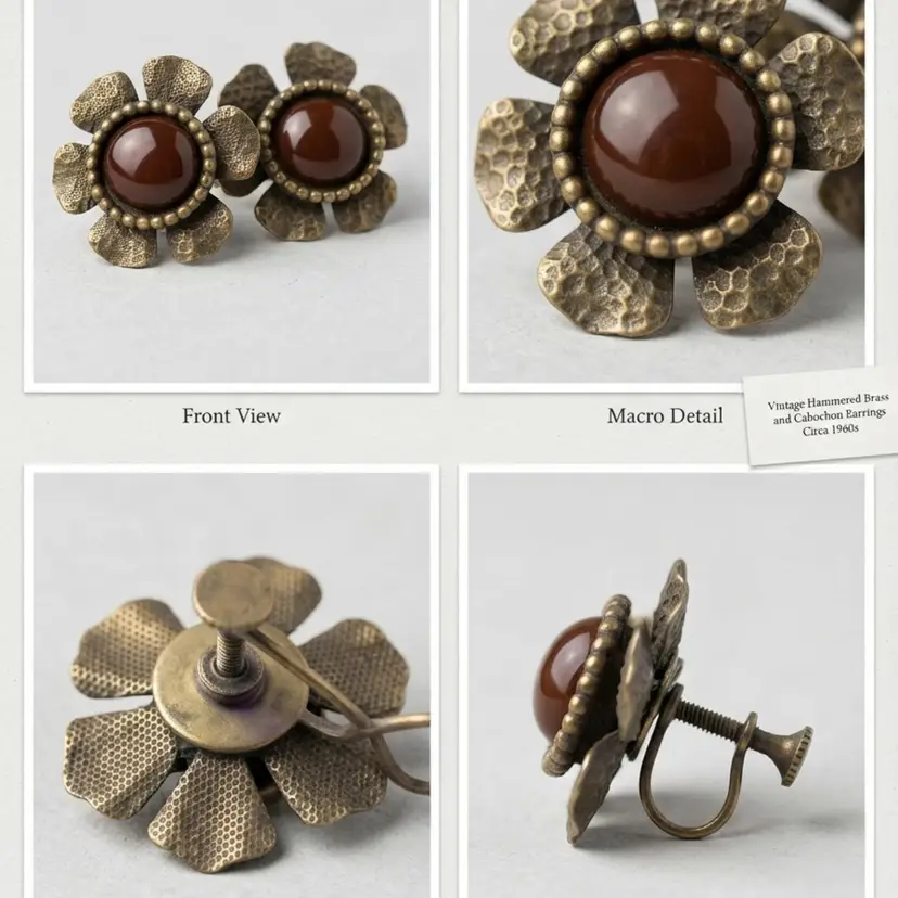 137.  Textured Metal & Cabochon Flower Screw-Back Earrings
