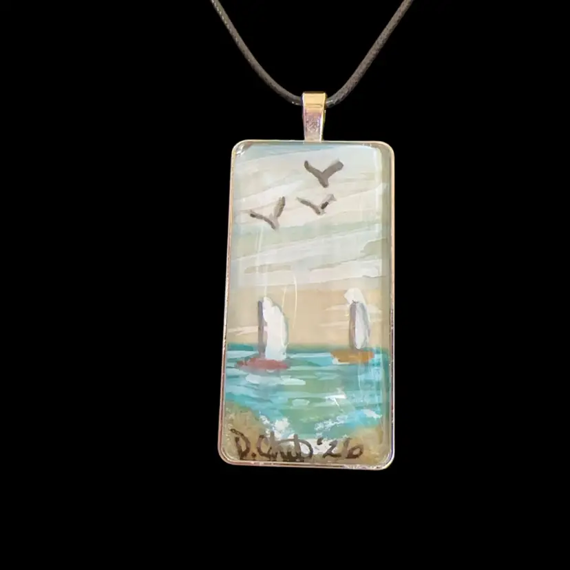 “Two Sail” Original Watercolor Art Pendant Necklace 2”x 1”