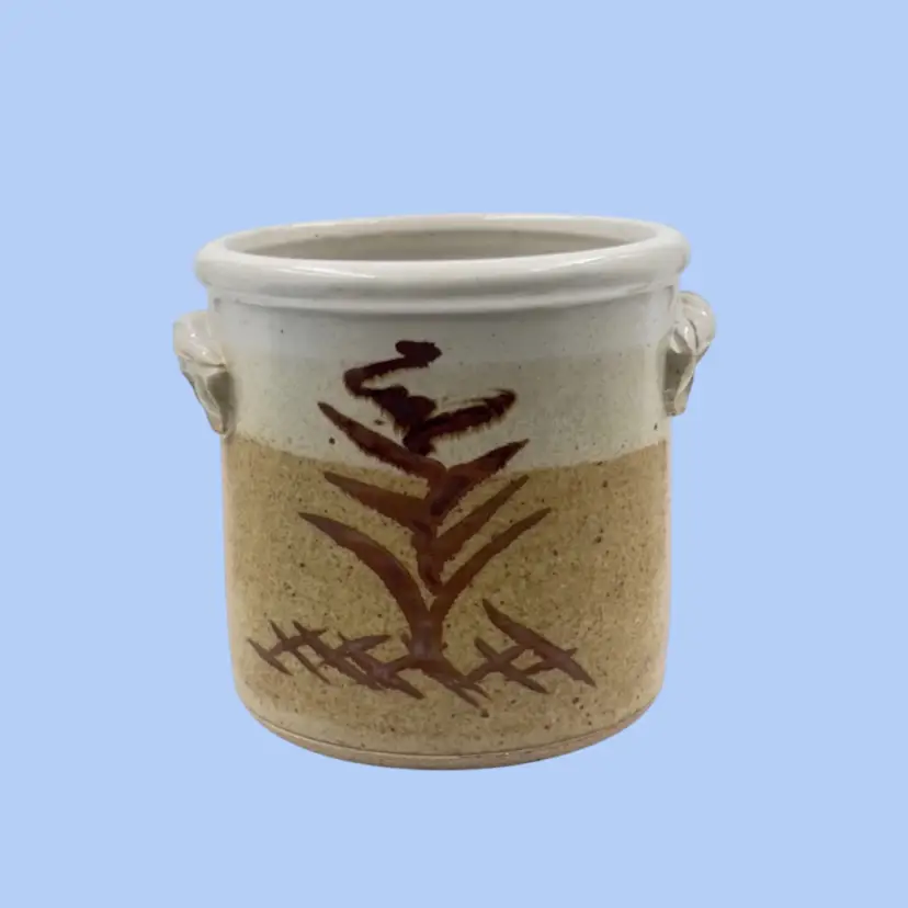 #255- Pottery Crock Utensil Caddy Signed TS & Impressed Mark