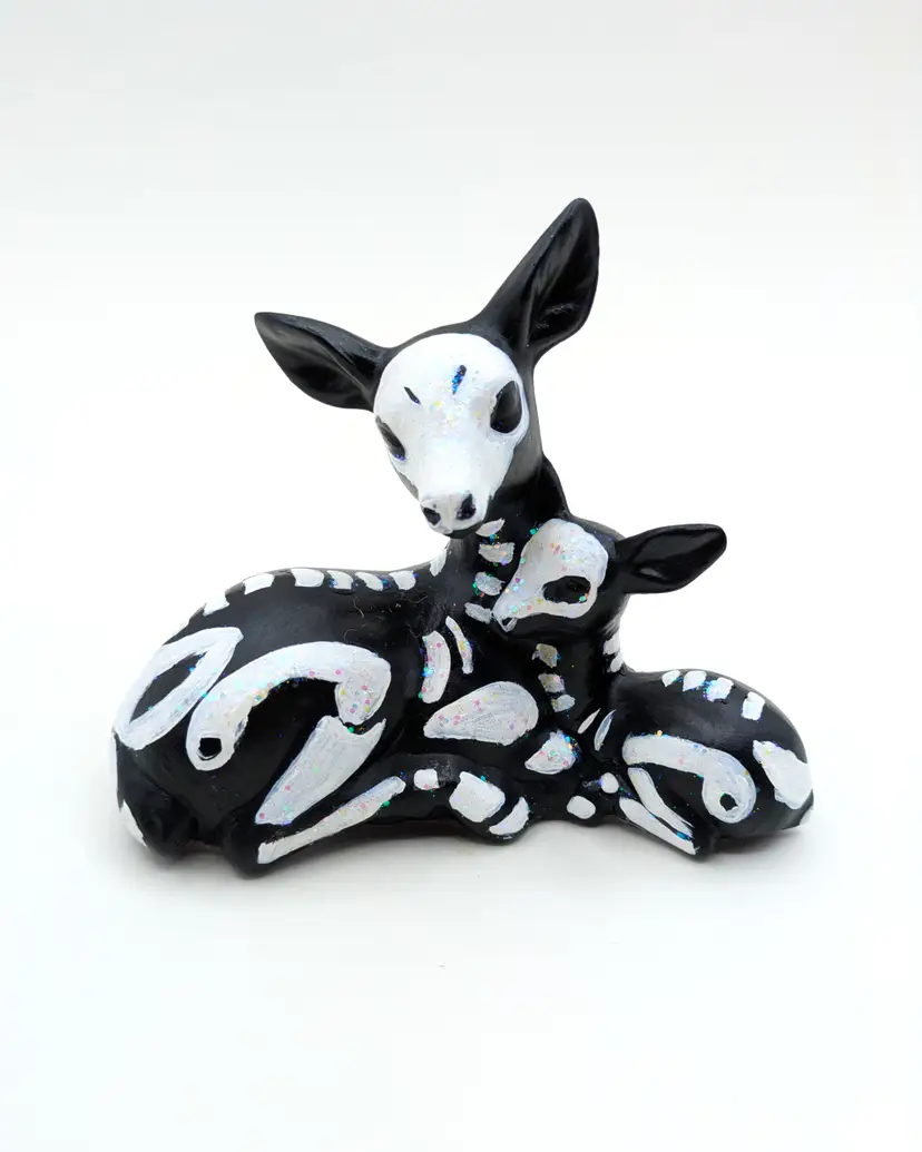 "Skeleton Deer" Monochrome Deer Family Repaint Figurine with Iridescent Glitter