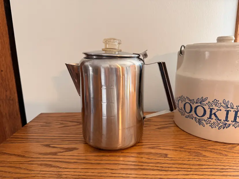 Vintage 9 Cup Aluminum Coffee Percolator Complete Stovetop Coffee Pot with Bakelite Handle Mid Century Camping Cabin Kitchen Decor