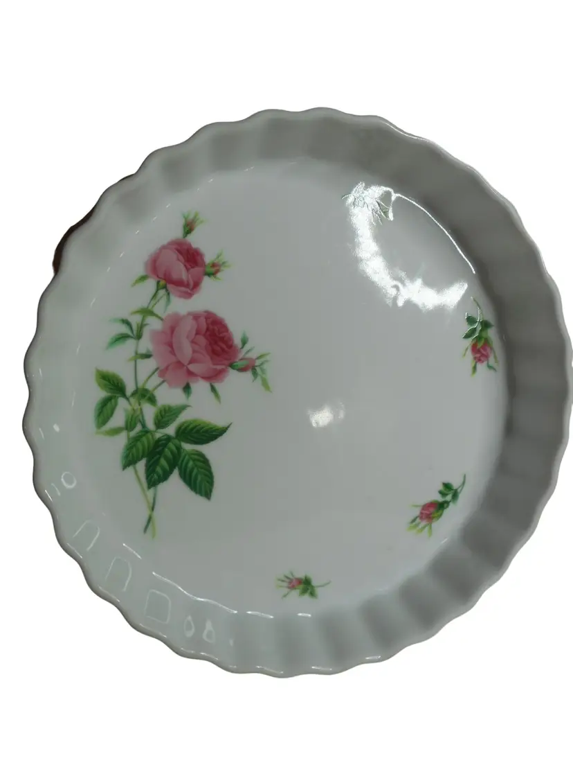 Vintage Christineholm Porcelain Rose Fluted Quiche Bakeware Dish Pie pan 9.5” x 1.5"