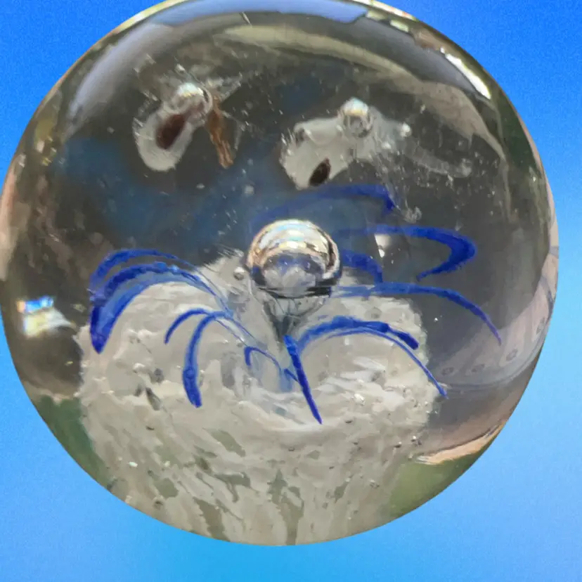 Mini Paper Weight 2” Blue Flower Controlled Bubble And Tiny Sea Squid Unmarked Good Condition As Pictured