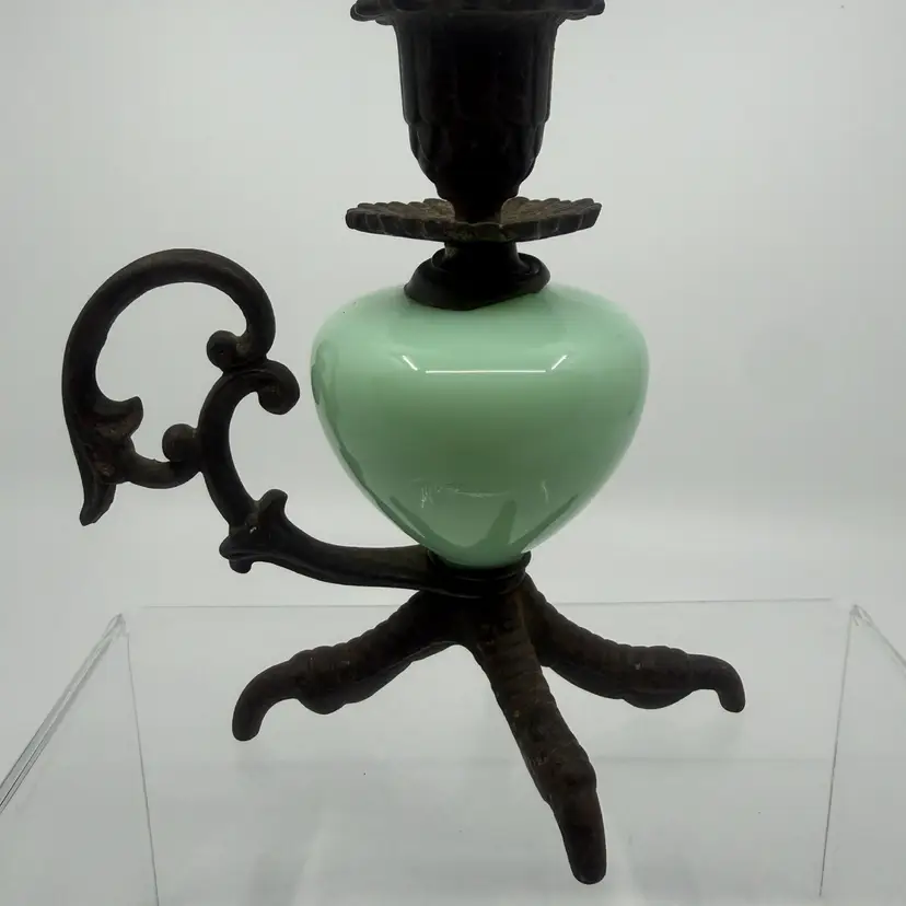 Antique Iron & Jadeite Glass Chicken Foot-Talon Candlestick Holder 6”