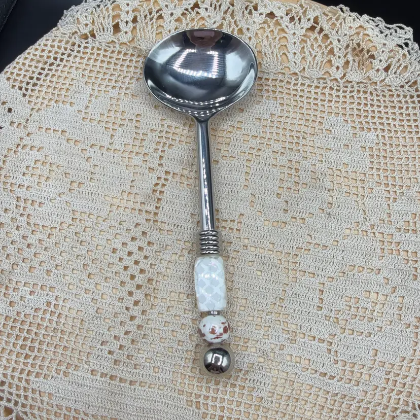 🐞Vtg Beaded Stainless Steel Vegetable Serving Spoon 7”