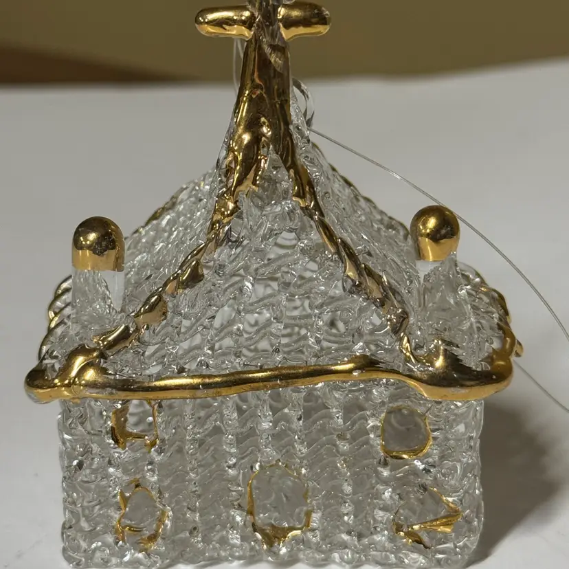 Spun glass ornament church Gold Trim 3.75” tall