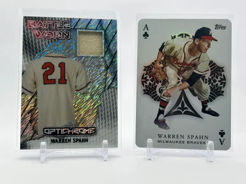 BC25 - Warren Spahn 2 card lot - 25 Leaf Optic Relic /5 &23 All Aces - Atlanta Braves
