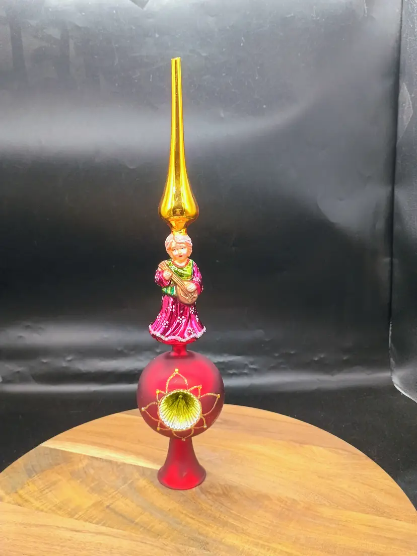 Vintage Czech Mercury Glass Tree Topper Spire Girl With Lute Red & Gold.