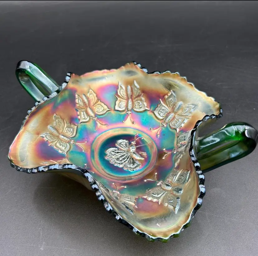 Fenton Butterfly & Berry Green Carnival Glass Bon Bon Dish Double Handle 6”