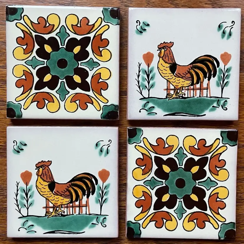 Farmhouse Chicken Decorative Talavera Tile Coaster Set of 4 Folk Art Clay Pottery Mexico