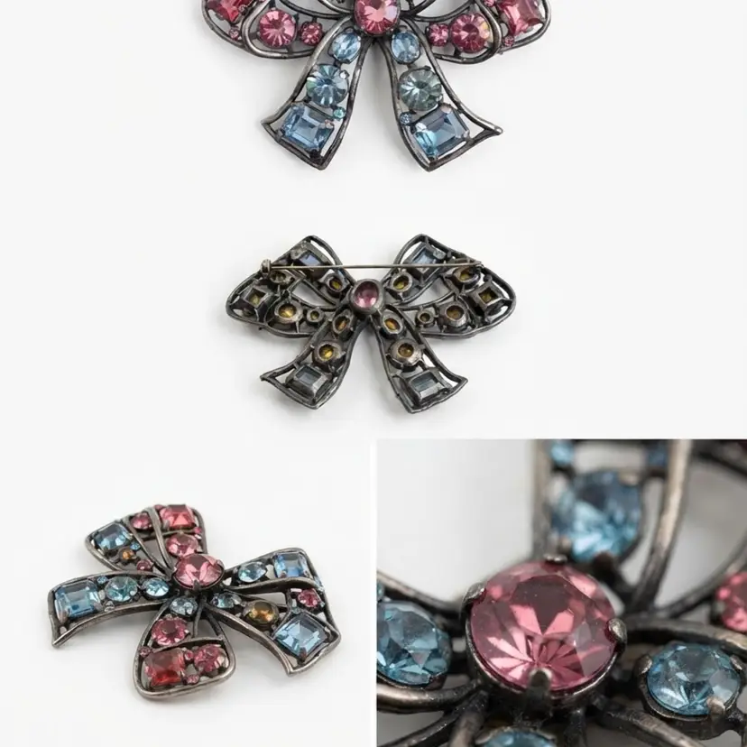Rare Vintage 1940s Unsigned Eisenberg Style Pot Metal Bow Brooch - Pink & Aqua Book Piece