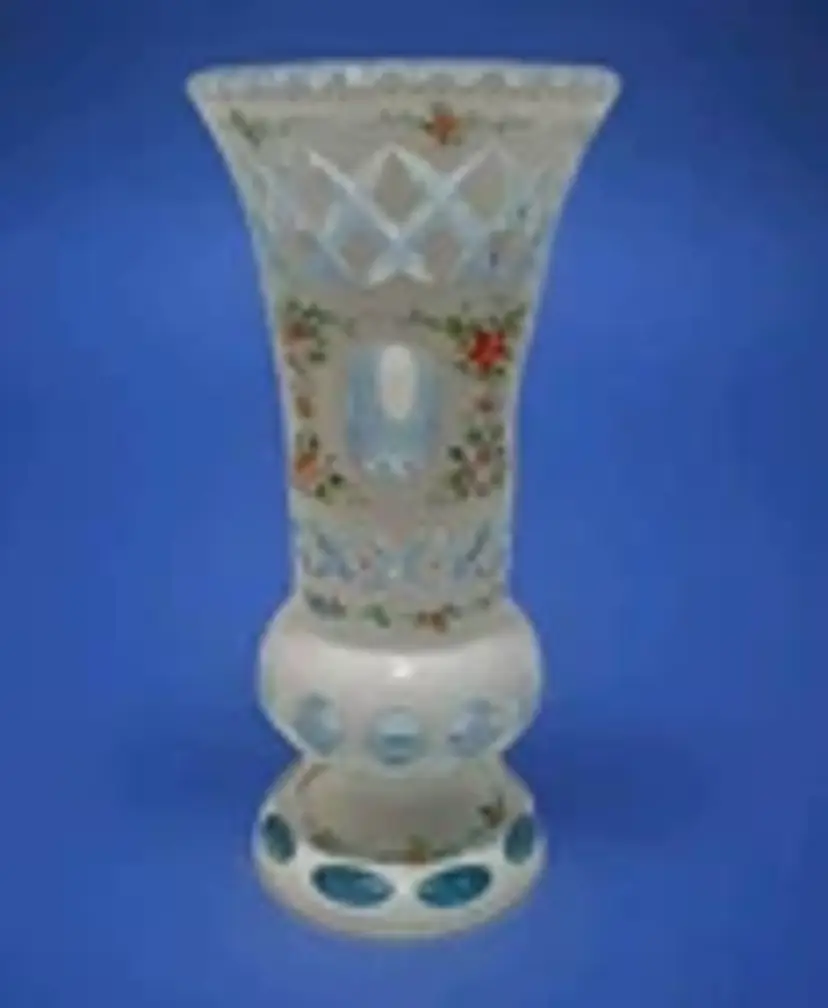 Vintage Moser Bohemian Cut To Clear Blue Hand Painted Art Glass 7” Vase Chalice