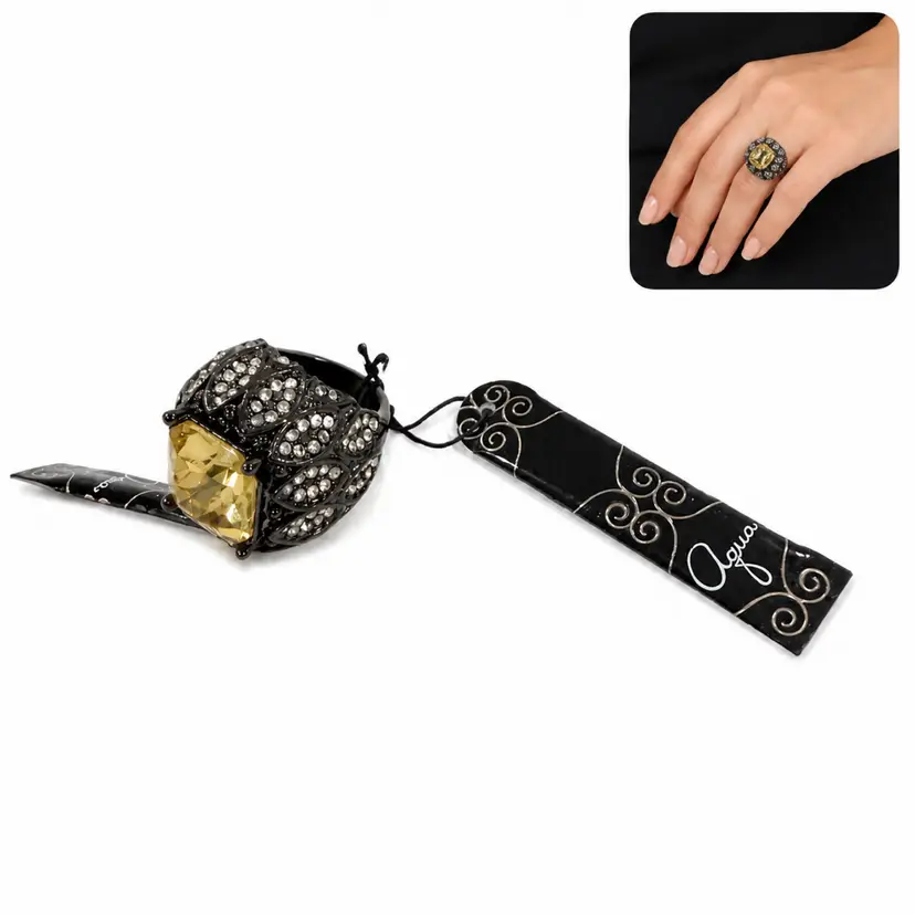 Bloomingdale’s Aqua Statement Cocktail Ring Black Yellow Crystal CZ Size 7.5