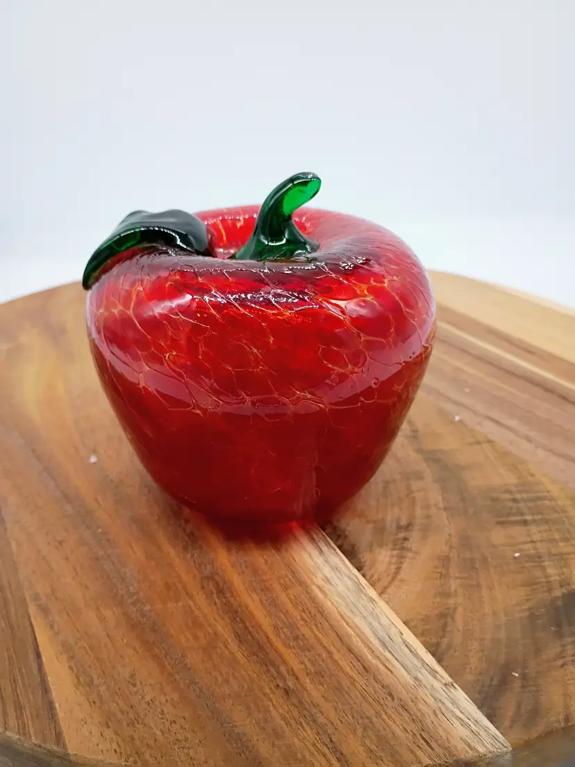 Hand Blown Amberina Red Crackle Glass Apple with Green Leaf and Stem