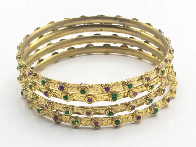 Vintage Gold Tone Bangle Set with Red and Green Accents India NOS