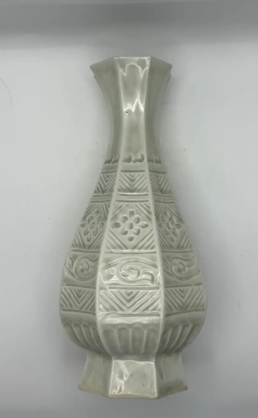 Light Green Glazed Octagonal Textured Vase 9”