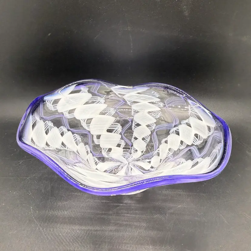 Art Glass Purple White Ribbon Latticino Bowl Paul Lockwood Piece Unique 6.5”