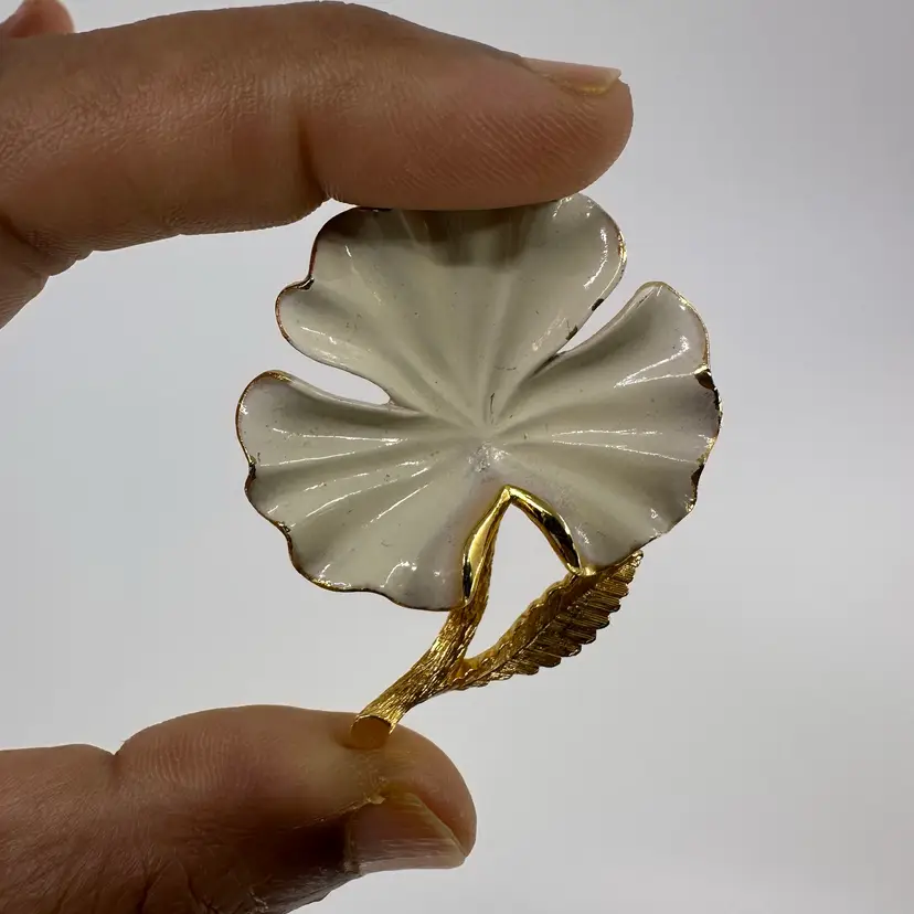 White Enamel Gold Tone Leaf Brooch