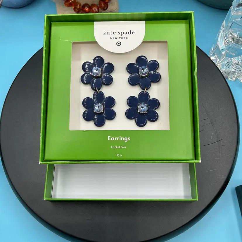 KATE SPADE NEW YORK DESIGNER FLORAL EARRINGS  BLUE NICKEL FREE PIERCED