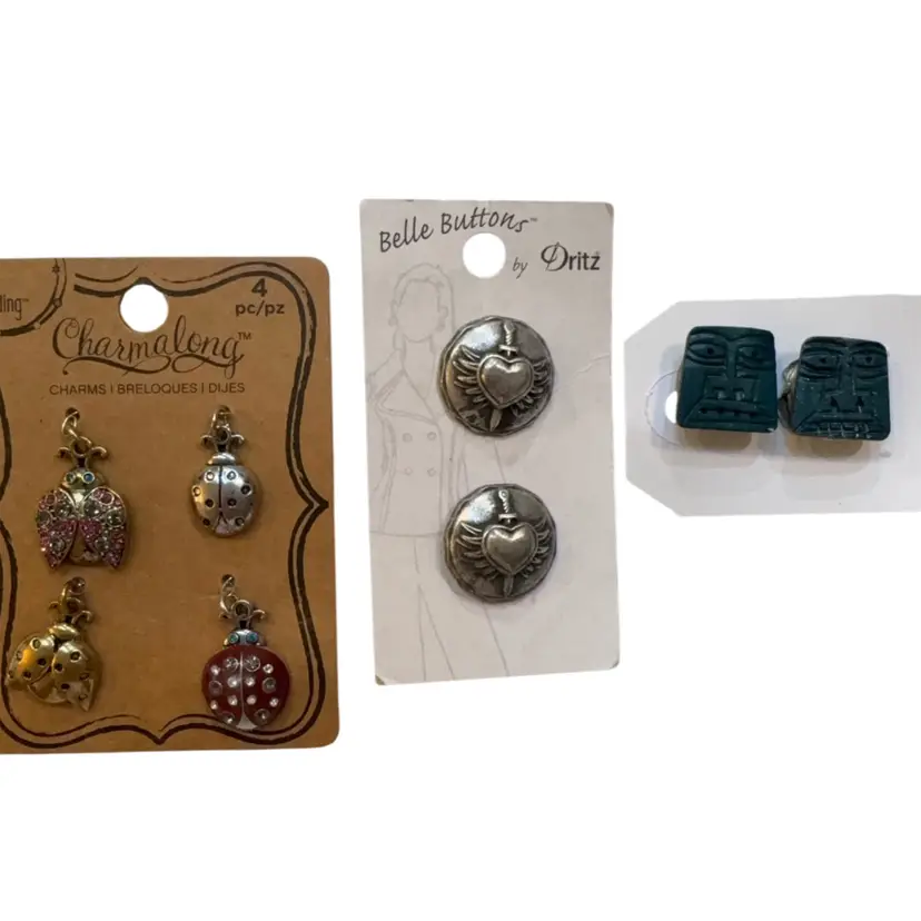 Crafting Supplies - Four Charm along Bug Charms, 2 Fritz Heart With Wings And Sword Buttons, And Two Tiki Face Button Covers