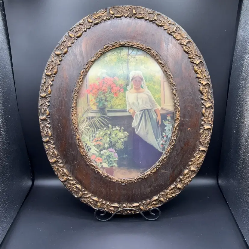 🐞 Antique Solid Wood Oval Framed Lithograph Print 18x15”