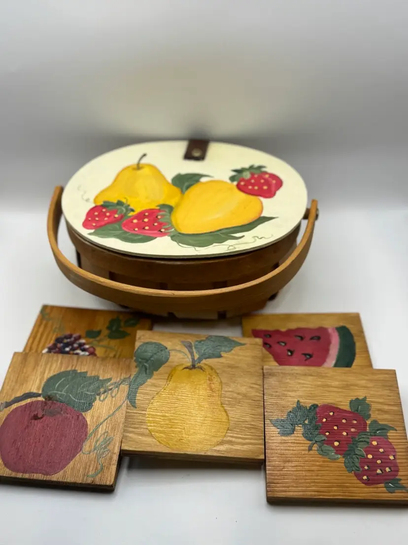 Adorable Lidded Basket With Leather Hinge, Hand Painted Lid; Includes 5 Hand Painted Drink Coasters Fruit Theme