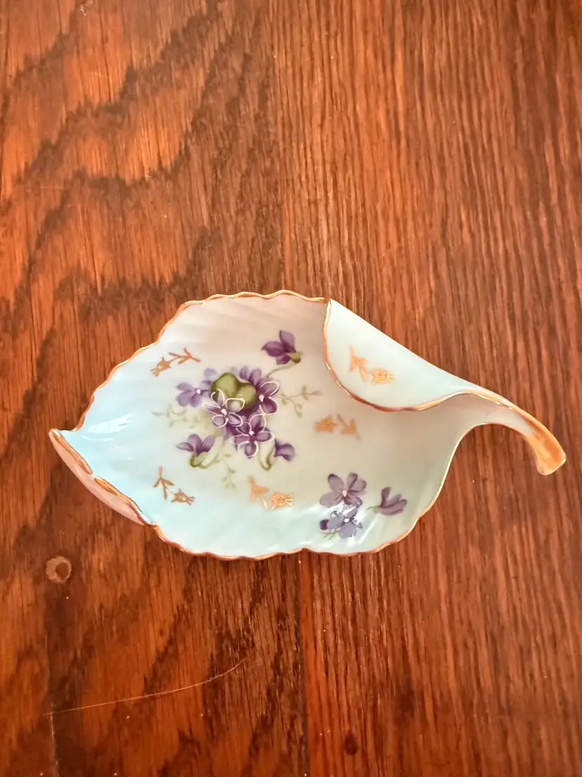 Vintage Norcrest Fine China Leaf Trinket Dish | Hand Painted Violet Flowers | Gold Trim Porcelain Ring Dish | Mid Century Japan Vanity Tray