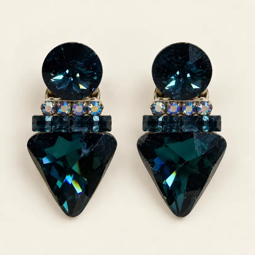Deep Teal Blue Crystal Geometric Clip-On Earrings with AB Rhinestones