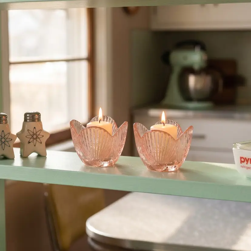 Vintage Viking Glass Peach Petal Votive Candle Holders