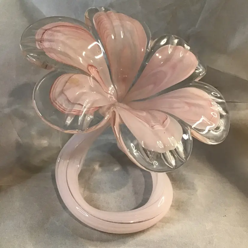 Home Essentials Pink Art Glass Flower Figurine • Hand Blown Style Hollow Curled Stem Sculpture • Soft Pastel Pink Table Decor Accent